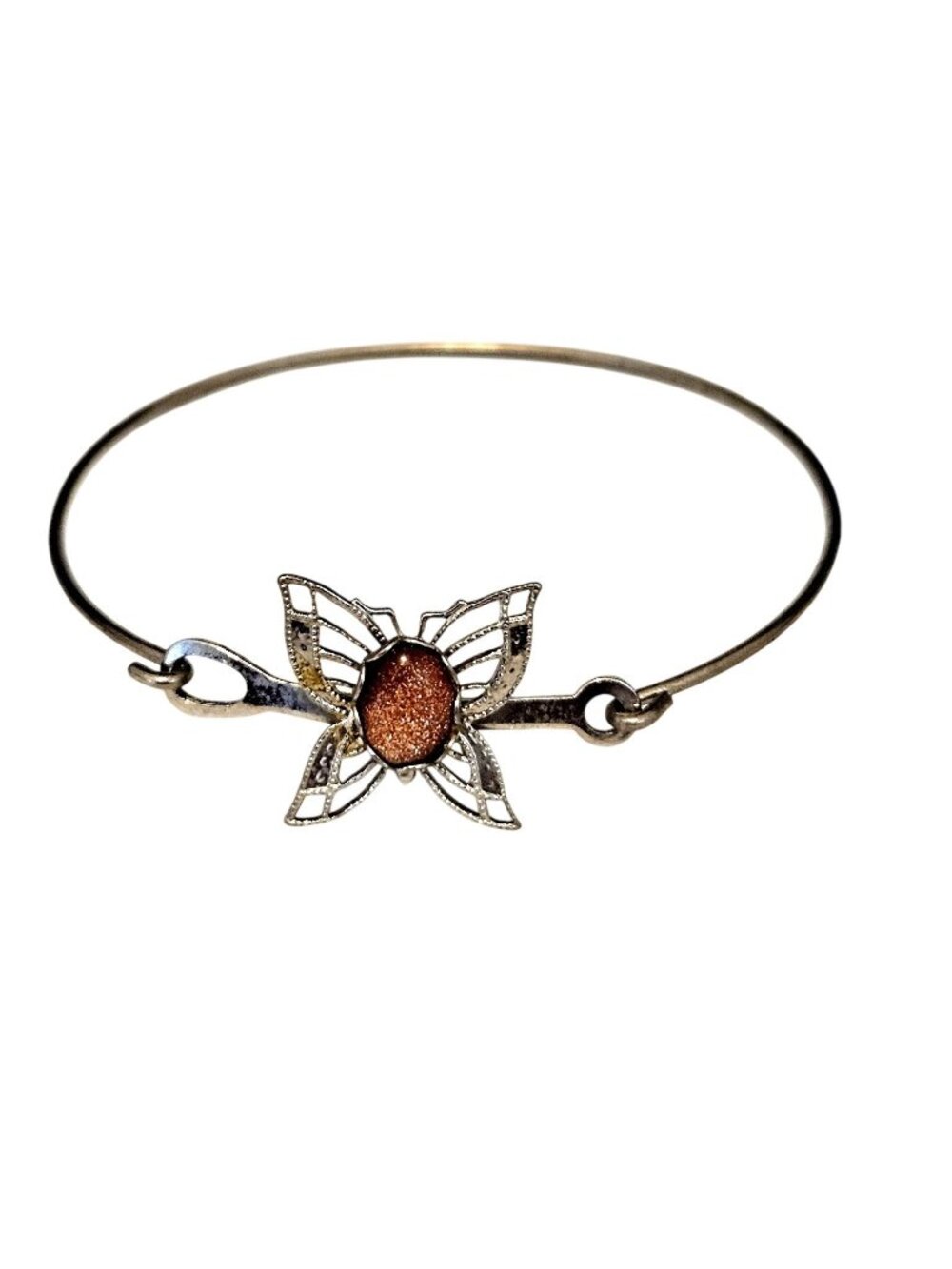 Silver Tone Butterfly Pink Glitter Glass Cats Eye Center Bangle Bracelet
